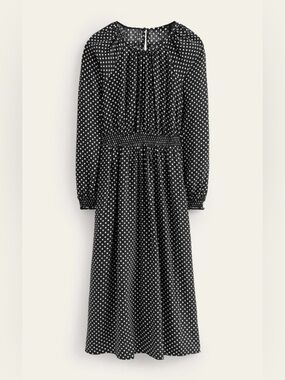 Boden Gather Raglan Midi Dress Black White Polka Dot Womens 10R NWT Pockets